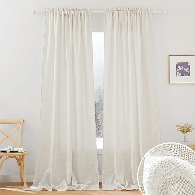 RYB HOME Semi Sheer Curtains - Linen Blend Semi Transparent Privacy Drapes Shabby Chic Light Filtering Extra Long Curtains for Farmhouse Home Office Laundry Room, 52" W x 120" L, 2 Panels, Linen