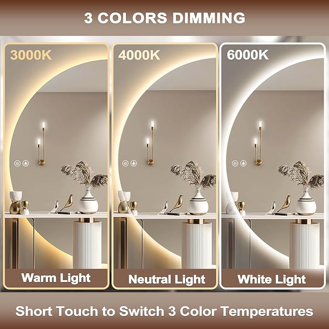 Half Moon Mirrors for Wall, LED Bathroom Mirrors with Lights-Anti-Fog Wall Mirror,Touch Switch Backlit Bathroom Mirror-3 Colors-Dimmable Brightness, Memory