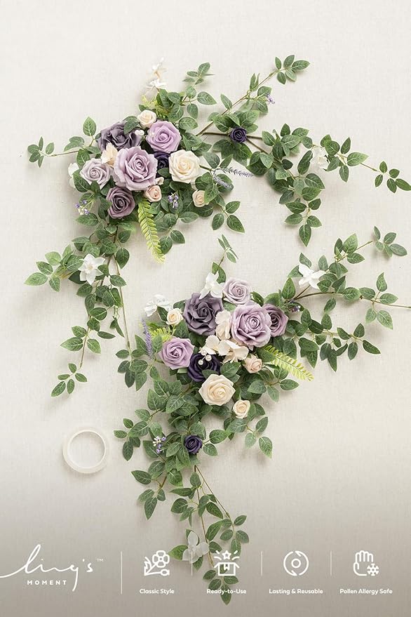 Ling's moment 2PCS Artificial Floral Swags Centerpieces Wedding Flower Purple Rose Garland Greenery Arrangements for Sweetheart Head Table Decor Car Wall Window Arch Garden Decor Lilac & Gold