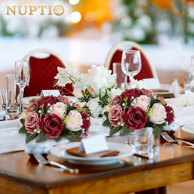 NUPTIO Artificial Flower Centrepieces for Tables - 10 Pcs Burgundy & Dusty Rose & Creamy White Fake Flowers Roses Balls 9.5in Diam - Silk Faux Rose Arrangement for Wedding Party Table Decor