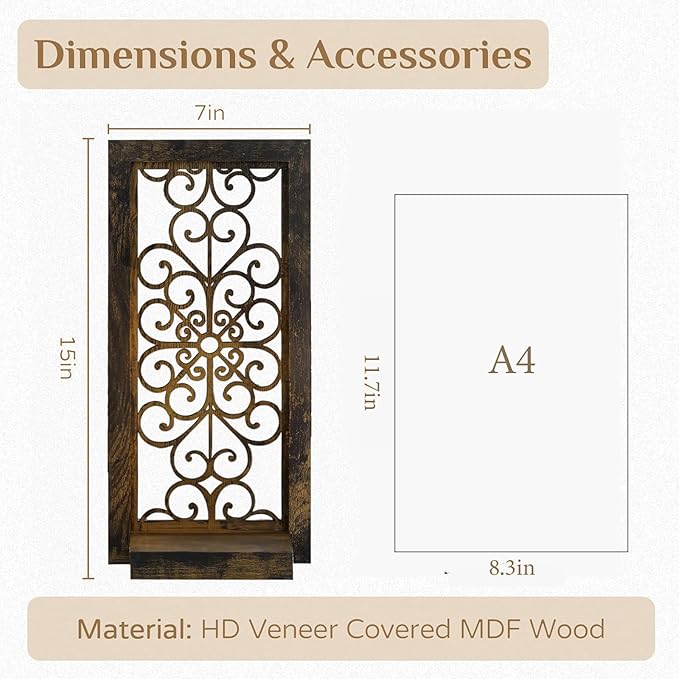 Farmhouse Wall Candle Holder Decor: Rustic Candle Sconces Set of Two for Pillar Candles - Brown Wooden Shelving for Fireplace Bathroom Hallway