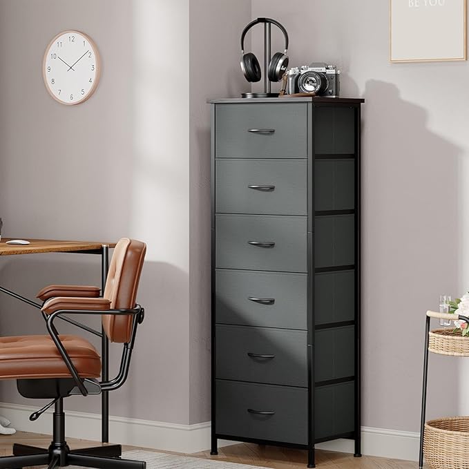 Somdot Tall Dresser for Bedroom with 6 Drawers, Storage Organizer Chest of Drawers with Removable Fabric Bins for Closet Bedside Living Room Laundry Entryway Hallway, Charcoal Grey