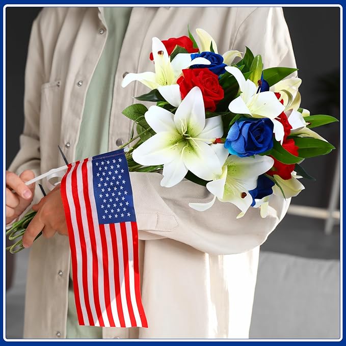 Hotop 20 Pcs Artificial Flowers Velvet Realistic Roses and Latex Lilies Flowers Bouquet Decorations Arrangements for Home Table Centerpieces Independence Day(Red,Blue,White)