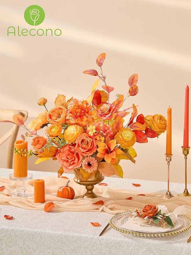 Alecono Artificial Flowers, Bright Orange Silk Fake Flowers for DIY Fall Wedding Bridal Bouquets, Cake Flowers for Table Centerpieces Birthday Party Home Decorations