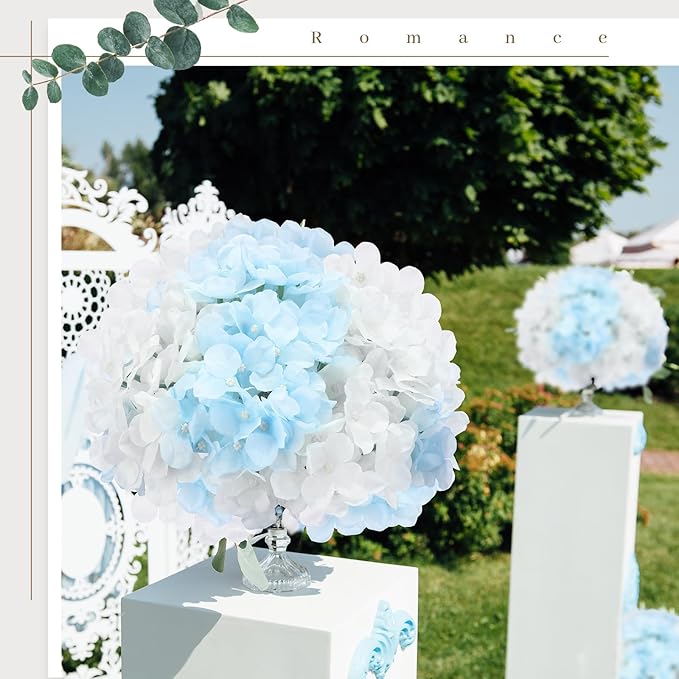 Zeyune 100 Pcs Hydrangea Artificial Flowers, Silk Flower Heads with Stems, Fake Hydrangea Bouquet for Wedding Arch Centerpiece DIY Floral Home Decoration (White and Blue)