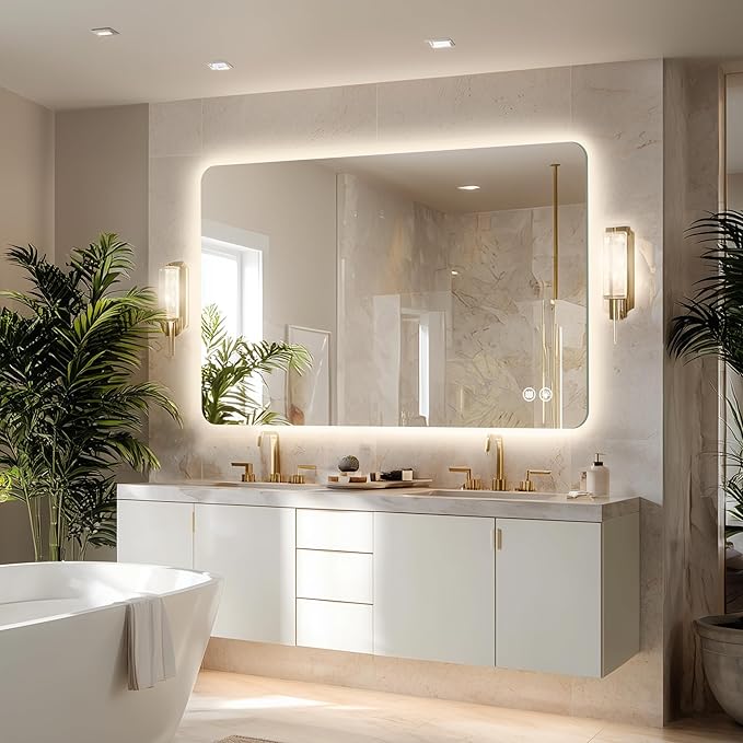40‘’x30'' Lighted Mirrors for Bathroom Wall Backlit Rectangular Rounded Corners, LED Bathroom Mirror Frameless with Lights Anti Fog, Dimmable, 3 Colors,Tempered Glass, Shatter-Proof (Color 2)