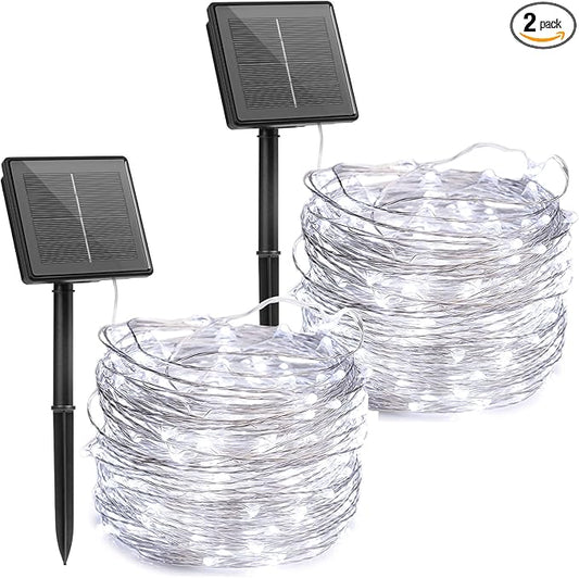 Brightown Outdoor Solar String Lights, 2 Pack 33 Feet 100 Led Solar Powered Fairy Lights with 8 Modes Waterproof Decoration Copper Wire Light for Patio Yard Trees Christmas Wedding Party (Pure White)