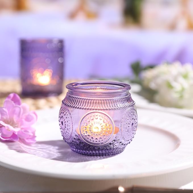 12pcs Assorted Purple Votive Candle Holders for Party Decorations, Lavender TeaLight Candle Holder for Bridal Shower, Baby Shower Decrations, Boho Tea Party Purple Decor, Purple Gifts for Women