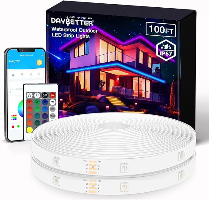 100ft Outdoor LED Strip Lights Waterproof, IP67 Waterproof LED Light Strips with Remote and APP Control, Timing, Music Sync RGB Exterior LED Rope Lights for Outside, Roof, Deck, Balcony, Garden, Pool