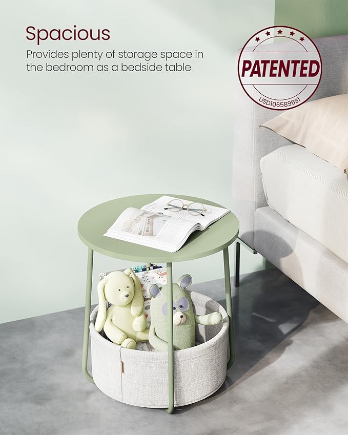 VASAGLE LILEA Collection - Small Round Side End Table, Modern Nightstand with Fabric Basket, Laurel Green and Cream White ULET223C69