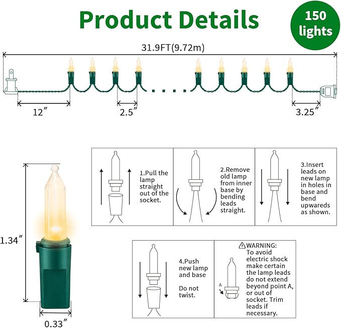 LAMPHOME Super-Bright Extendable Warm White Christmas Lights Decoration 150Lights 31.9ft UL Certified Mini Bulb String Lights Set for Outdoor Christmas Tree Garden Holiday Party Patio Wedding Decor