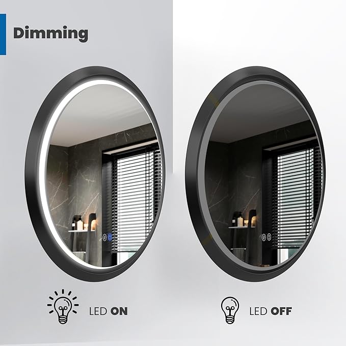 Round LED Mirror for Bathroom, Black Metal Frame, 28”