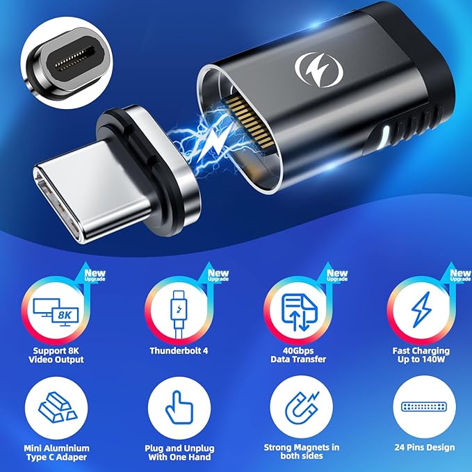 USB C Magnetic Adapter, 2 Pack, 24 Pin Straight with PD 140w Charge USBC 4 40Gbps Data Transfer 8K 60Hz Video for Thunderbolt 3/4, MacBook Pro/Air and More Type C Devices