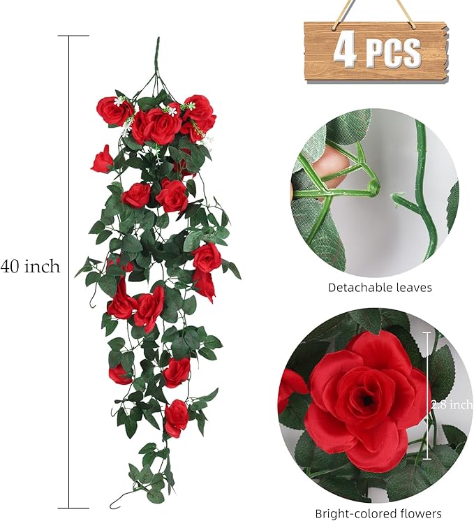 RECUTMS Hanging Rose Flowers Artificial Vine PlantsFlower Garland for Home Room Garden Wedding Indoor Outdoor Decoration (Red)