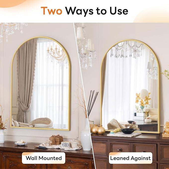 Sweetcrispy Arched Bathroom Mirror 36x25 Inch Gold Metal Framed Arch Vanity Mirror for Wall, Over Sink, Farmhouse, Restroom, Anti-Rust, Modern Decorative, Hanging or Leaning