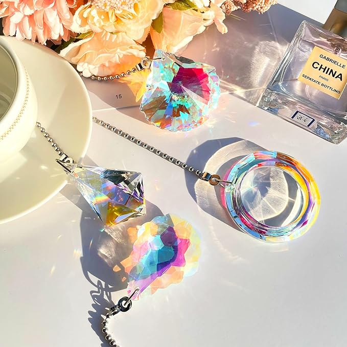 4 Pieces Crystal Ceiling Fan Pull Chain Decorative Rainbow Pull Chain Extension 20 Inch Ceiling Ornament with Ball Connector(Water Drop, Shell, Diamond, Ring)