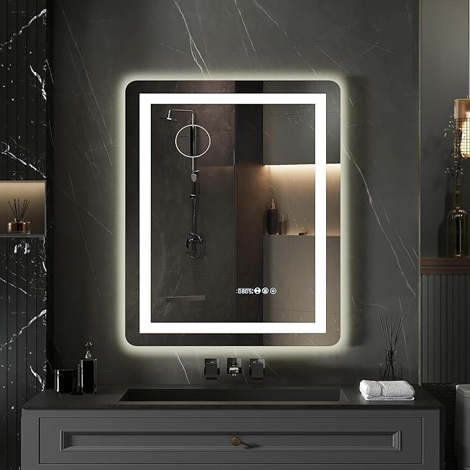 YITAHOME 24 x 32 Inches LED Bathroom Mirror, Front Light and Backlit, Motion Sensor, 10X Magnifying Glass, 3 Colors Dimmable, 5mm Tempered Glass, Anti-Fog, Wall Mounted Mirror-Vertically Only