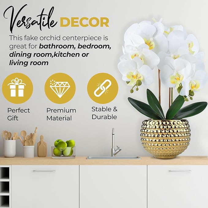 Large Orchids Artificial Flowers, 17'' White Faux Orchids with Gold Pot for Living Room Decor, White Faux Orchid Plant for Bathroom Kitchen Home Indoor Hotel Decor (Large Gold)