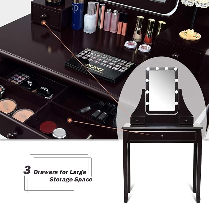 CHARMAID Vanity Set with Lighted Mirror, Makeup Table with 10 LED Dimmable Bulbs, 3 Drawers, 2 Dividers, Modern Bedroom Dressing Table Vanity Desk with Stool for Women Girls (Espresso)