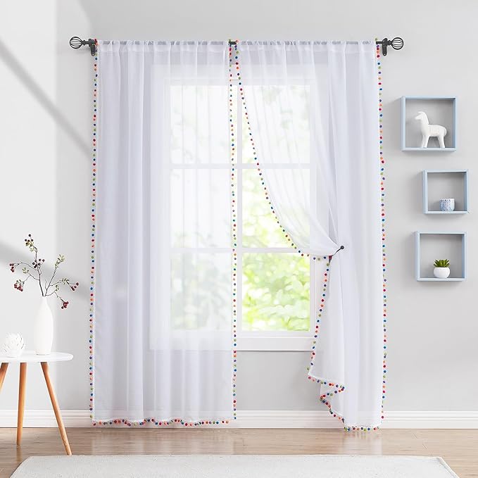 Treatmentex Sheer White Curtains with Multi-Color Pom-Pom Sheer Curtains for Toddler 84" Long Linen Textured Decorative Nursery Room Window Drapes 52" w 1Pair