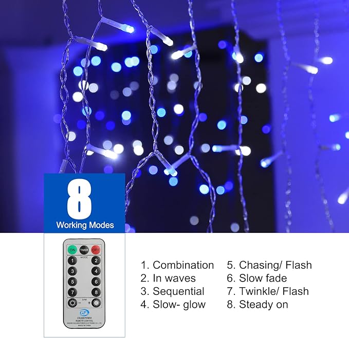 Brightown Icicle Lights Outdoor, 66Ft Christmas Lights with 30 Drops, 1125 LED Firecracker Icicle Christmas Light Outdoor with Timer for House Eaves Wedding, Blue & White