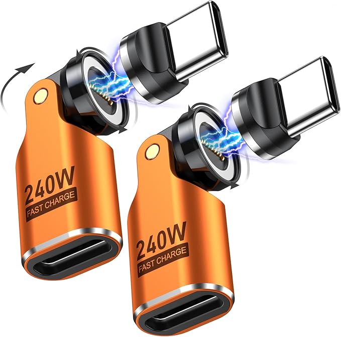 USB C Magnetic Adapter PD 240W(2Pack), 9PIN USB C 90 Degree Adapter/C Right Angle Adapter/180 Degree USB Connector/C to C Adaptor for 1Phone 16/15 Series, Ma-Book Pro/1Pad Series (Orange, 2 Pack)