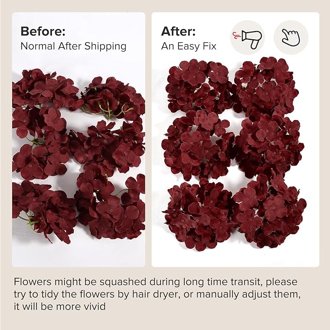 Auihiay 64PCS Burgundy Hydrangea Artificial Flowers, Silk Hydrangea Heads with Stems, Fake Flowers for DIY Wedding Centerpiece, Home, Party, Baby Shower, Garden Decoration (Burgundy)