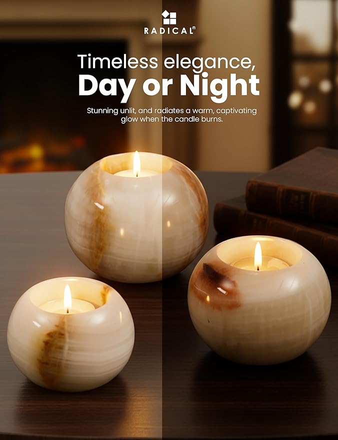 Radicaln Marble Tealight Candle Holder 4" Inch White Onyx Handmade Decorative Votive Candle Holder for Wedding Centerpieces, Elegant Set of 3 Mini Candle Holders for Living Room