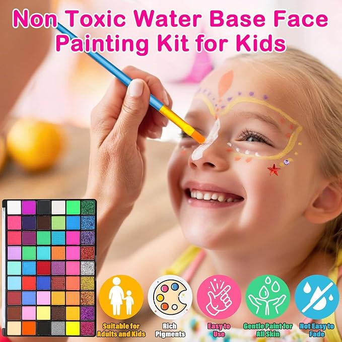 Professional Face Painting Kit for Kids and Adults – 54 Color Water Activated Cosplay Makeup Kit, Non-Toxic Body Paint with Stencils, Gems, Brushes– for Halloween FX, Bday Parties, School Event