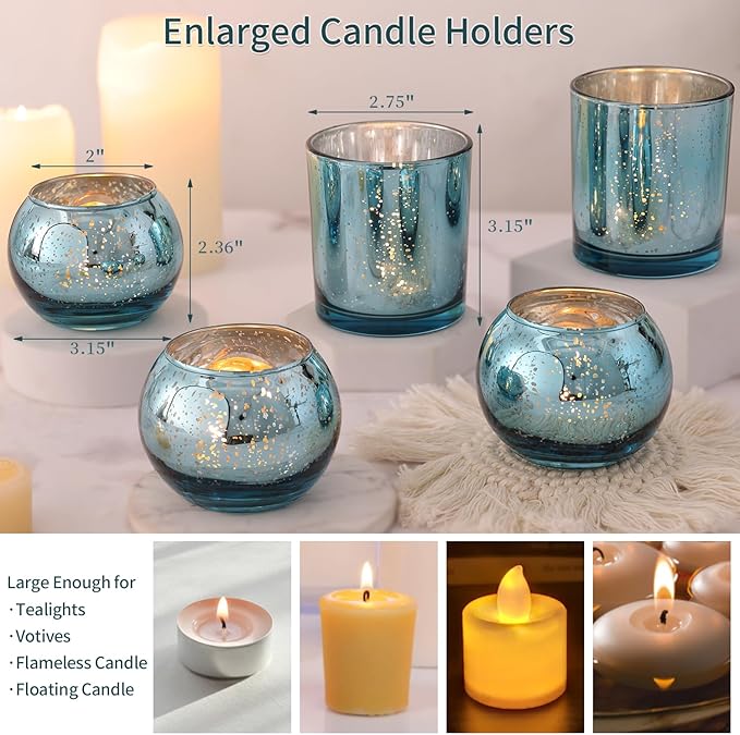 10 Pcs Assorted Lake Blue Votive Candle Holders, Larger Size Mercury Glass Candle Holder, Tealight Candle Holders for Wedding Decorations, Bridal Shower Table Decorations, Lake Blue Centerpieces