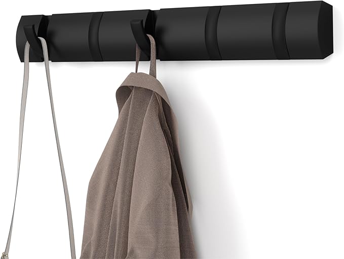 Umbra Flip Wall-Mounted Coat Rack with 5 Hooks – Modern, Space-Saving Storage for Hats, Jackets, Bags, Entryway, Mudroom, Closet, Bathroom, Bedroom – Black