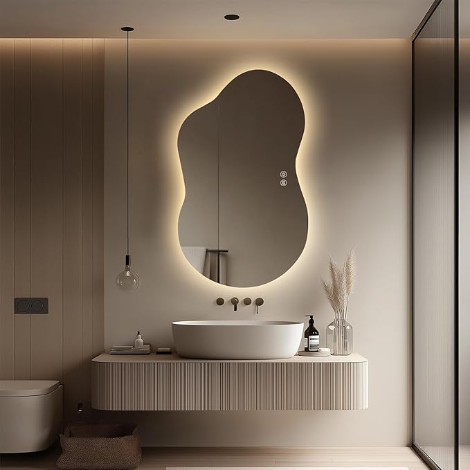 LED Bathroom Mirror with Lights 24x40, Stepless Dimmable Irregular Backlit Mirror with 3 Colors, Anti-Fog, Memory, Al-Alloy Lampshade, Frameless Smart Mirror for Bathroom (Horizontal/Vertical)