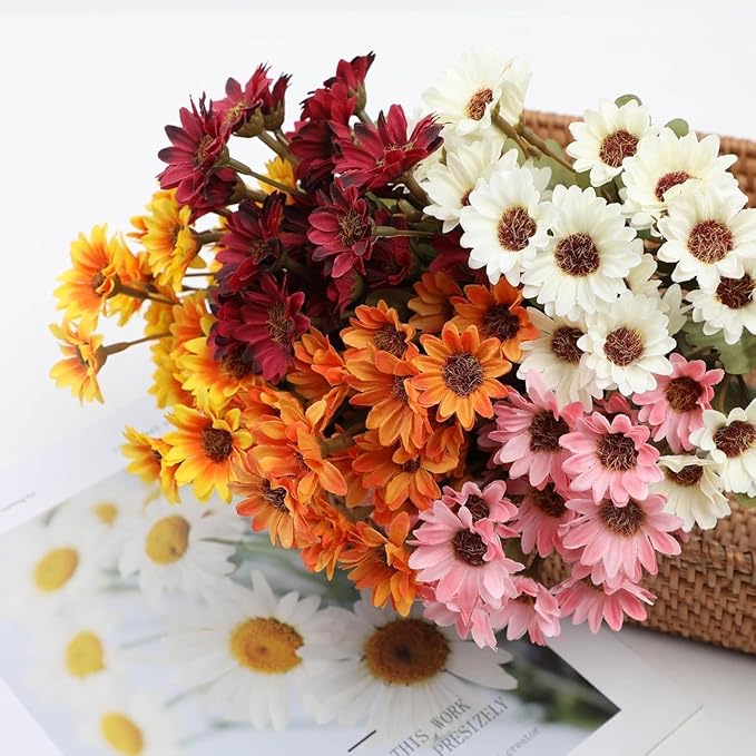 Artificial Mums for Outdoors, Faux Sunset Mum Flowers Planters for Indoor Outside Decor, Fake Look Real, Vibrant, UV Resistant, Waterproof, Windproof (1Mix, 5 Bundle)