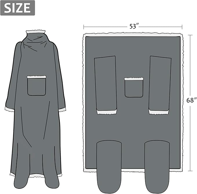 Catalonia Sherpa Wearable Blanket with Sleeves & Foot Pockets for Adult Women Men, Comfy Snuggly Wrap Sleeved Throw Blanket Robe, Gift Idea, Grey