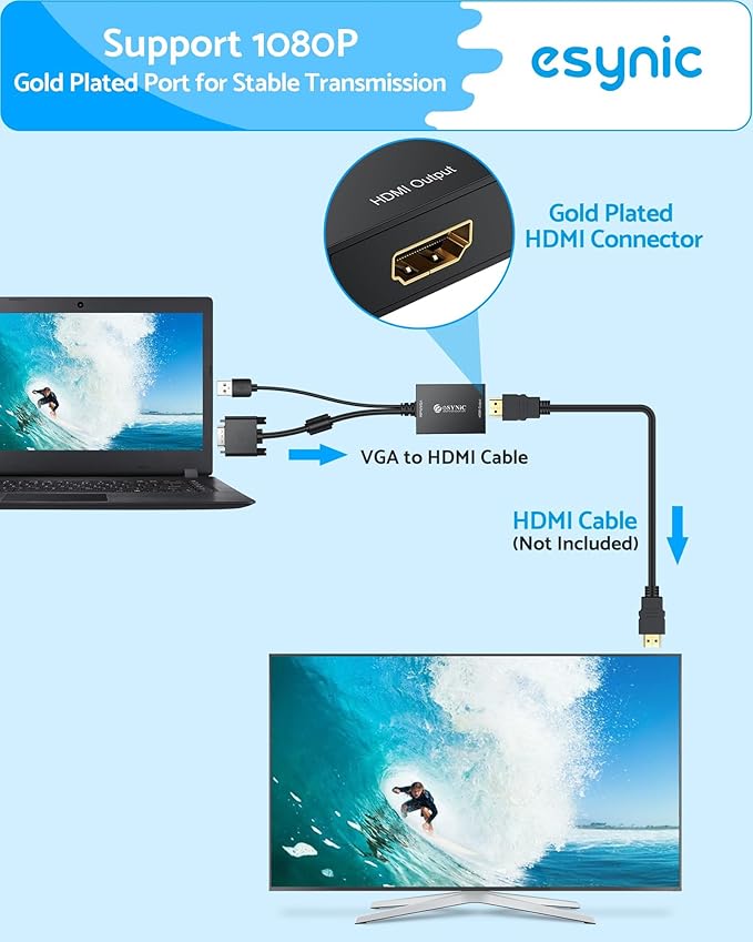 eSynic Professional VGA to HDMI Adapter 1080P VGA to HDMI Cable Converter ABS Shell Male to HDMI Female Support USB Power&Audio Output with Mirror & Extend Modes for Laptop to Monitor etc