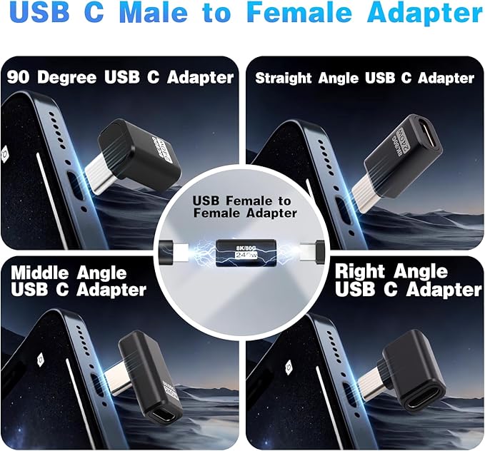 Duttek 90 Degree USB C Right Angle Adapter, 【80Gbps Data, 240W Charging, 8K@60Hz Video】 Male to Female USB-C 90 Degree Adapter for Laptop, MacBook Pro/Ai, iPhone 16, Steam Deck, 5 Pack