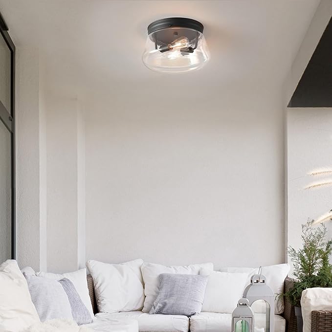 GLOBE Electric 44777 Aleyna 2-Light Outdoor Flush Mount Ceiling Light, Matte Black, Clear Glass Shade, Bulb Not Included