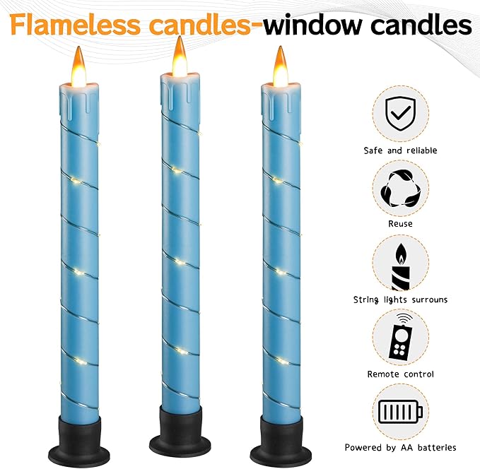Da by 3 Pcs Flickering Flameless Battery Operated Taper Candle-Window Candles with Remote and Time-LED 3D Dynamic Flame-9.6 Inches for Wedding, Party,Home Decoration-Blue