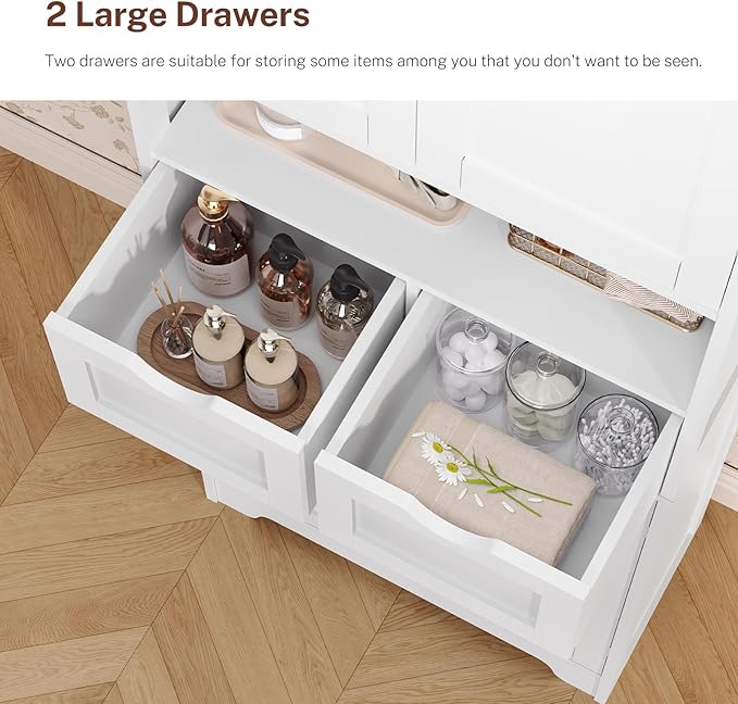 Iwell Tall Storage Cabinet with Adjustable Shelf & 2 Drawers, Kitchen Pantry Cabinet, Pantry Cabinets with 4 Doors, Tall Cabinets for Living Room, Kitchen, Bathroom, White