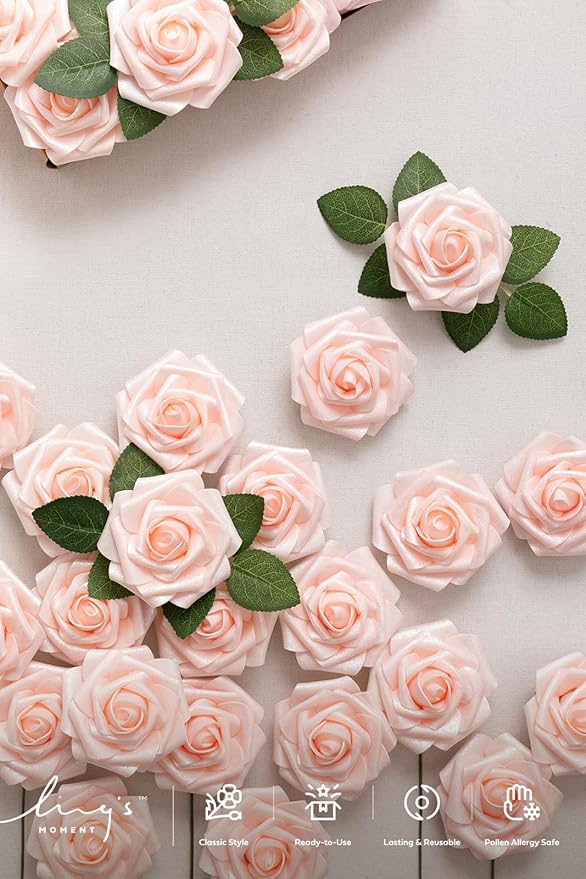 Ling’s Moment Artificial Flowers 25Pcs Glowing Blush Roses Decor w/Stems,3" Real Touch DIY Foam Floral for Wedding Bouquet/Centerpieces, Outdoors Party Backdrop, Room/Table, and Garden/Pot Decorations