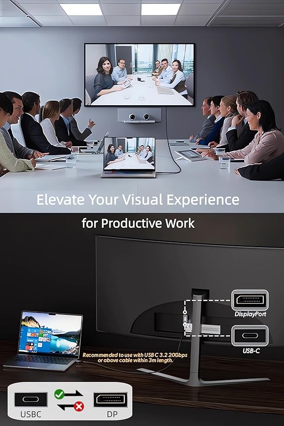 USB C to DisplayPort Adapter with USB C Video Cable, 8K@60Hz Uni-Directional USB C Female to DP Male Adapter, Thunderbolt 4/3 to DP Converter Compatible with i-/Phone 17, Galaxy, MacBok Pro- 1 Pack