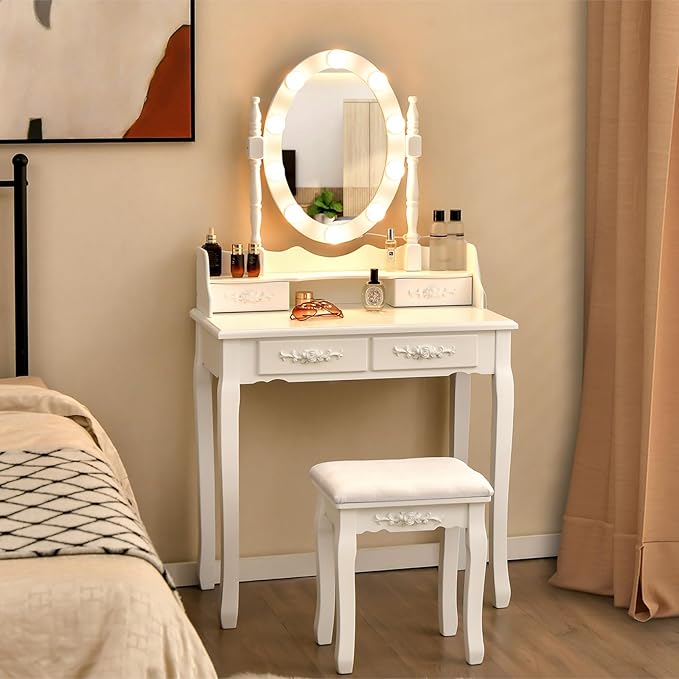 Giantex Makeup Vanity Table with 10 LED Lights, Adjustable Brightness, 3 Color Light Modes, 4 Drawers, Rotatable Mirror, Cushioned Stool, Vanity Desk Dressing Table Bedroom Furniture (White)