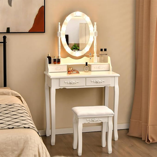 Giantex Makeup Vanity Table with 10 LED Lights, Adjustable Brightness, 3 Color Light Modes, 4 Drawers, Rotatable Mirror, Cushioned Stool, Vanity Desk Dressing Table Bedroom Furniture (White)