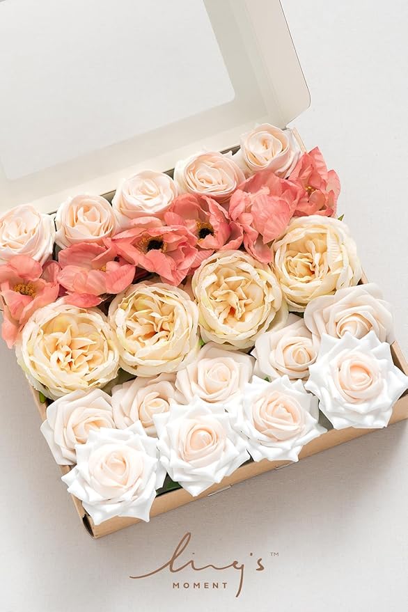 Ling's Moment Artificial Flowers Fake Silk Poppy Peony Faux Foam Roses Combo for DIY Wedding Bouquets Centerpieces Arrangements Bridal Shower Party Home Decorations, Coral & Cream, 24pcs