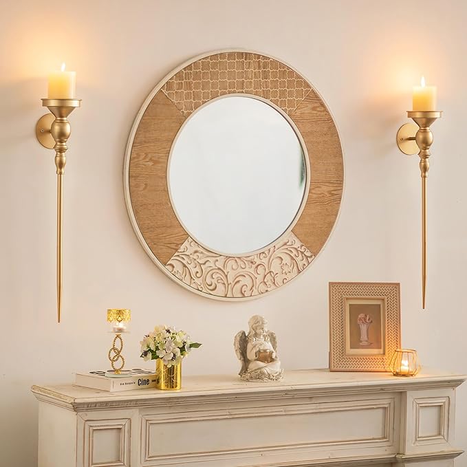 Candle Sconces Gold Wall Decor: Vintage Metal Art Decoration Wall Candle Holder for Pillar Candles - 24.4 Inch Long Candle Sconces Set of 2 for Fireplace Hallway Beside TV