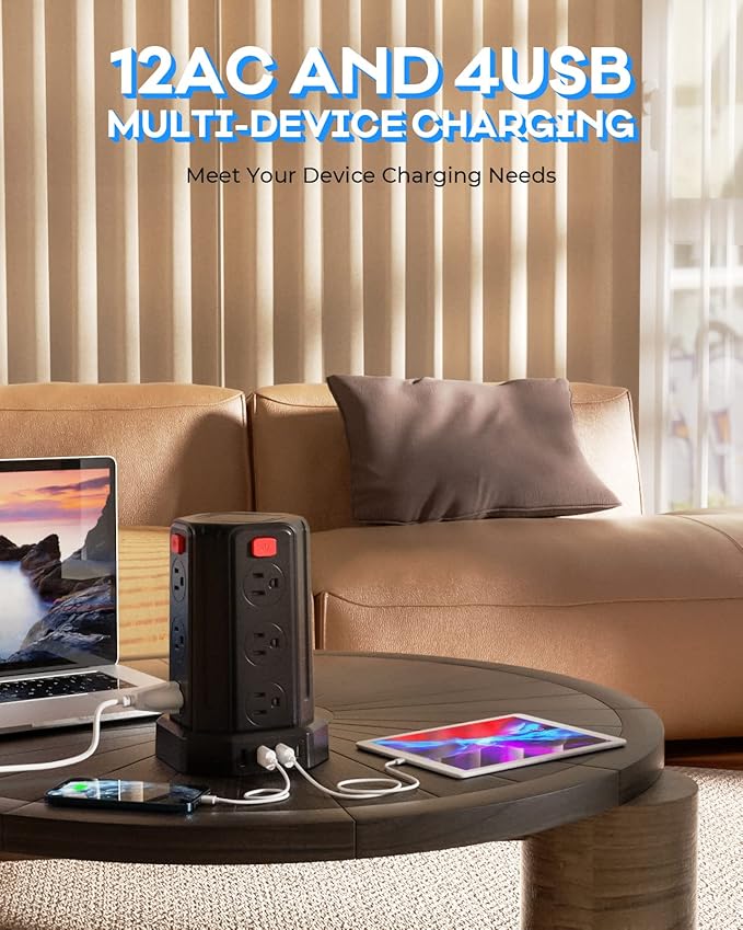 Power Strip Surge Protector, 16.4 Ft Extension Cord with 12 AC Multiple Outlets 4 USB (1 USB C), SMALLRT Power Tower Desktop Charging Station