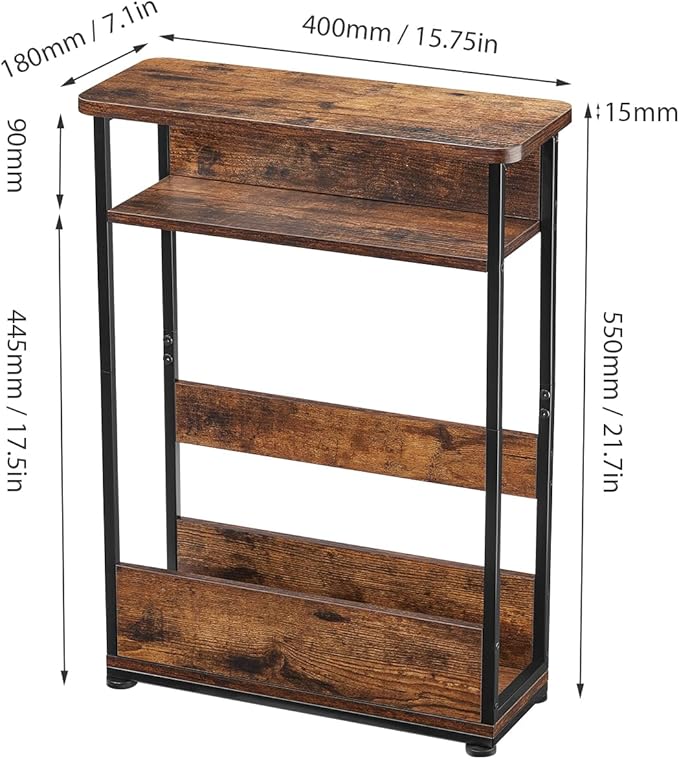 Narrow Side Table,3-Tier Slim End Table with Storage Shelf,Modern Sofa Table Thin Side Table for Narrow and Small Spaces, Skinny Bedside Table Small Nightstand with Magazine Rack Space Saving/Brown