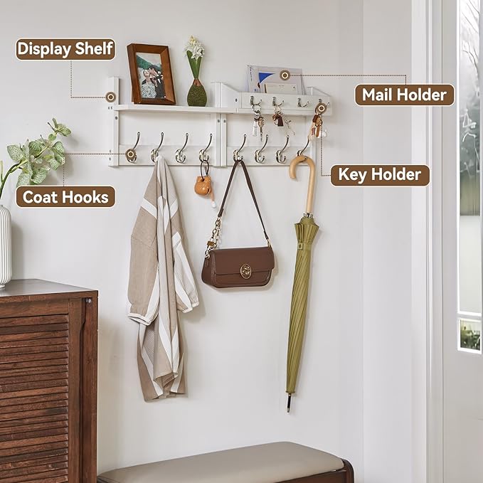 YMYNY 31.5" Coat Rack Wall Mount with Shelf, 4 in 1 Key and Coat Hanger with 12 Metal Hooks, Wall Shelf with Hooks & Mail Holder for Living Room, Bedroom, White, HWS007W-2