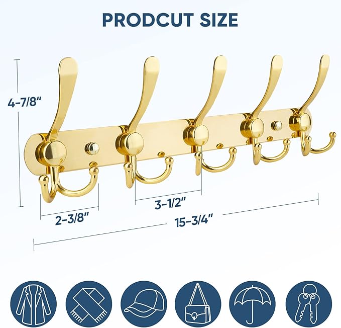 TICONN Wall Mounted Coat Rack, Five Heavy Duty Tri Hooks All Metal Construction for Jacket Coat Hat in Mudroom Entryway (Gold, 1-Pack)