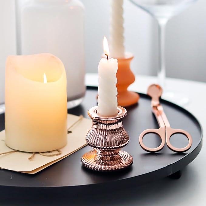 WDHODEC Pink Gold Candlestick Holders 12PCS Glass Taper Candle Holders for Table Centerpiece Colorful Candle Sticks for Spring Wedding, Party and Festival Decoration